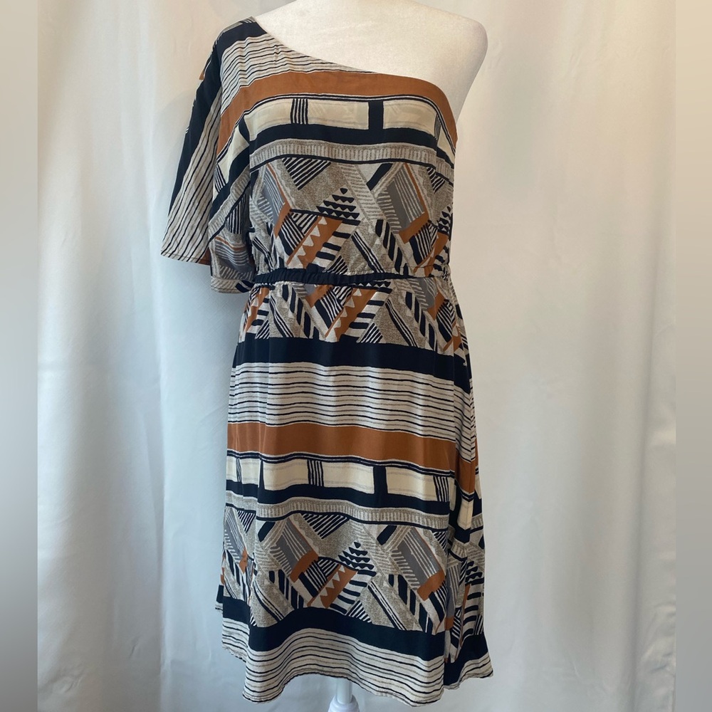 Women's 100% Silk Bohemian One Shoulder Mini Dress Size Small Geometric Pattern